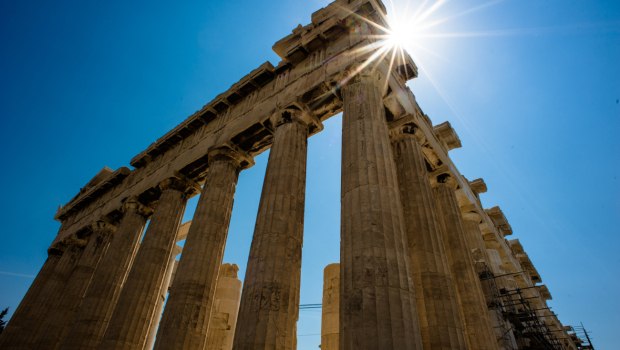 Sun over Parthenon Athenian Acropolis 3 4 perspetive rear facade. Athens Greece 620x350.jpg